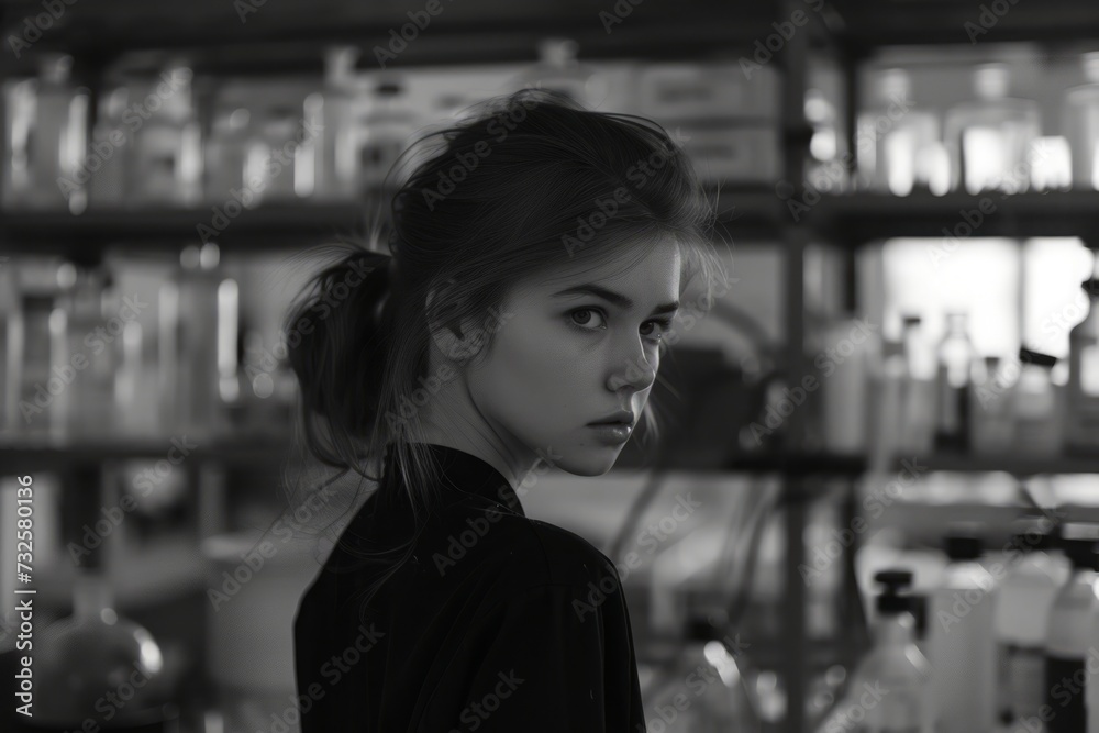 A monochrome moment captures the elusive glance of a young woman, her poised elegance accentuated by the laboratory's vintage backdrop.

