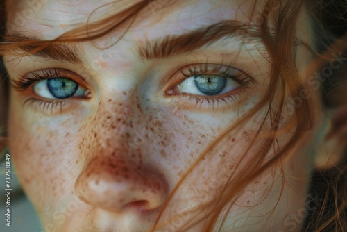In this intimate close-up, oceanic eyes offer a window to the soul, framed by windswept auburn locks against a backdrop of freckles.

 photo
