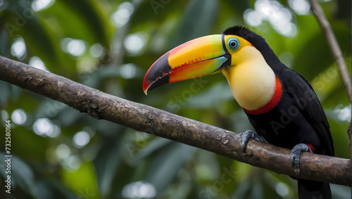 A close-up of a toucan perched on a tree branch with its front claws holding onto the surface  looking at the camera.