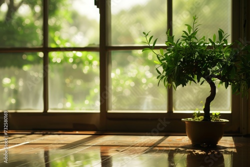 Tranquil bonsai silhouetted against a morning's gentle light, a serene start.