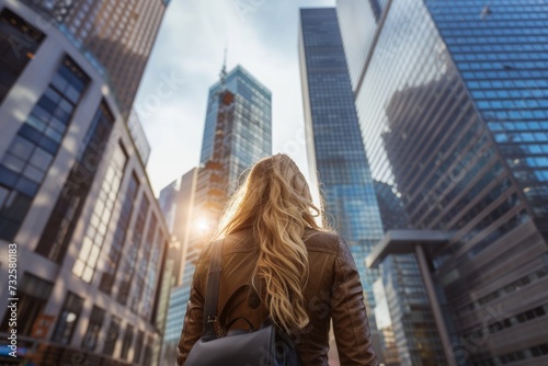 Golden sunlight weaves through skyscrapers, embracing the city dreamer.