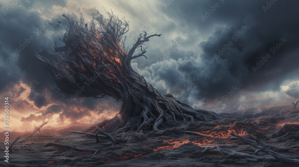 Devastated scorched earth in the valley, burnt trees, burnt vegetation ...
