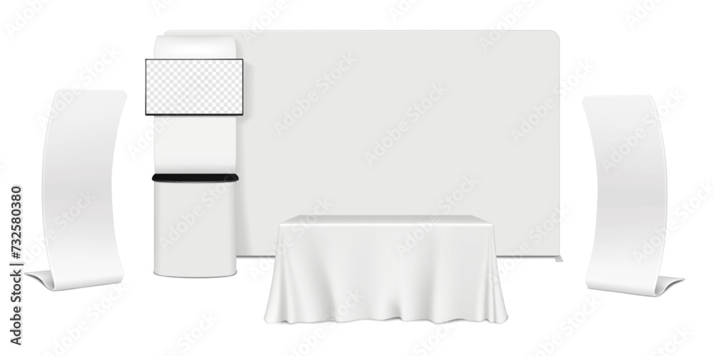 Trade show booth display kit. Expo set mockup. Tradeshow backdrop banner, pop LCD monitor TV video counter stand, exhibition table with tablecloth, snake banners. Vector mock-up