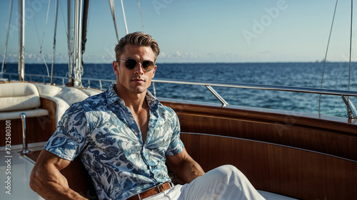 Hombre atractivo sentado en la parte trasera de un barco