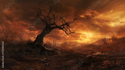 Devastated scorched earth in the valley, burnt trees, burnt vegetation and grass. Dead landscape with the remains of large tree, intense atmosphere, burned charred fire © Mars0hod