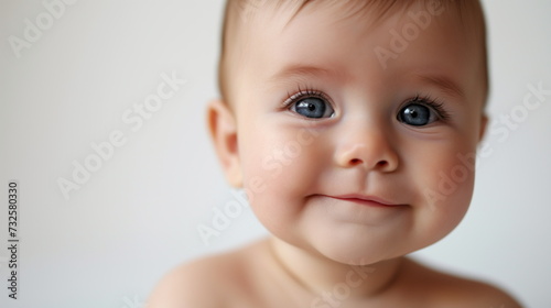 Healthy cheerful baby on a white background. Baby with big blue eyes looks at camera
