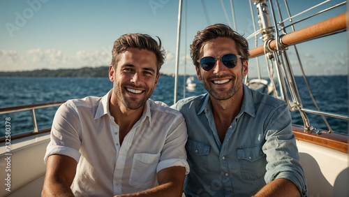 Dos hombres sentados en un yate sonriendo a la cámara