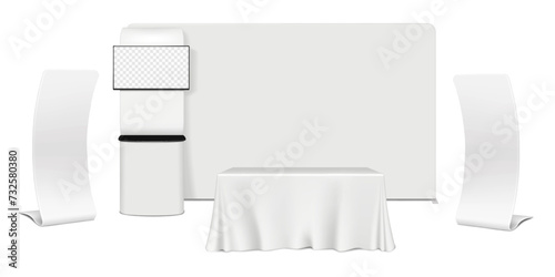 Trade show booth display kit. Expo set mockup. Tradeshow backdrop banner, pop LCD monitor TV video counter stand, exhibition table with tablecloth, snake banners. Vector mock-up