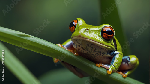 A close-up of a tree frog resting on a leaf with its front limbs extended, observing the camera.