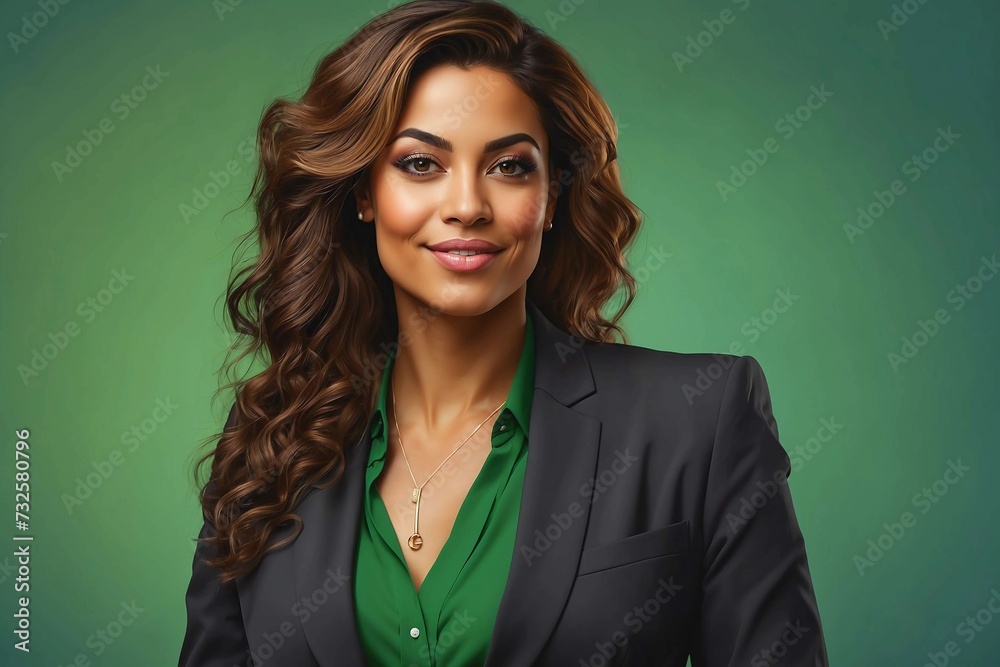 A unique and diverse portrait of a confident female entrepreneur, set against a vibrant green background. A unique and diverse portrait of a confident female entrepreneur, set against a vibrant green background.