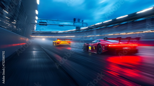 Sport car motion blur of race between two cars in blue hour, rain with lights on road. Sport car on wet asphalt, high speed