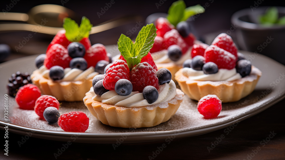 Mini tartlets with fresh berries and whipped cream on a black background Mini tartlets with fresh berries and whipped cream on a black background