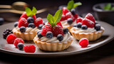 Mini tartlets with fresh berries and whipped cream on a black background