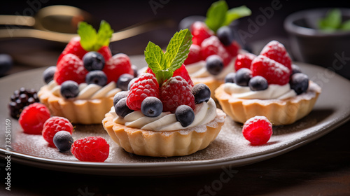 Mini tartlets with fresh berries and whipped cream on a black background