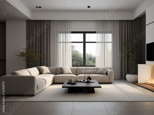 living room with beige sofa. interior design of modern living room, Simple minimal and Zen style