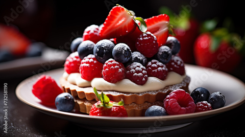 Chocolate tartlet with cream and fresh berries on dark background.