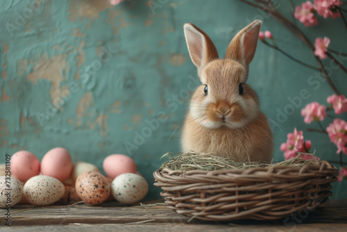 Curiosity in the Nest, a Bunny's Easter Vigil Amidst the Artful Array of Speckled Eggs, Space for Text © HelgaQ