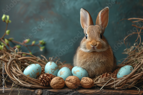 Among the Speckles, a Rabbit's Gaze Amidst the Earthy Tones of Easter's Hidden Treasures, Copy Space