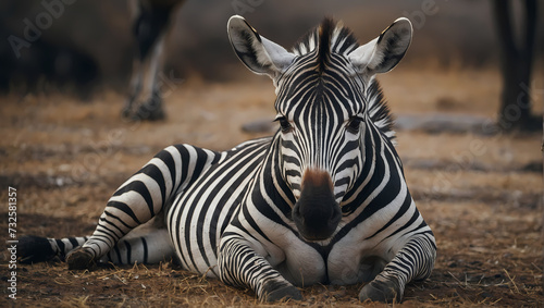 A close-up of a zebra lying on the ground, front legs crossed, and intently observing the camera. photo