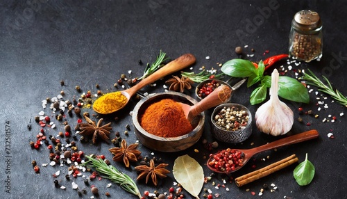 The contrast of the spices against the black background enhances their visual appeal, making them a feast for the eyes.