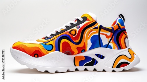 Chunky sneakers with bright, abstract s displayed against a minimalist white background, emphasizing their bold colors and patterns