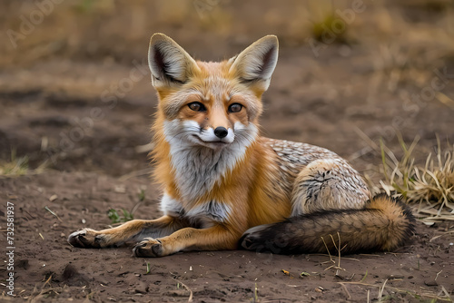 A close-up of a kit fox resting on the ground with its front paws outstretched  observing the camera.