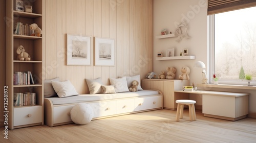 Minimalistic white interior of a children's room with wooden furniture.