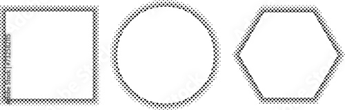 Circle, square and polygon dot frame set. Half tone dots border. Pop art dot gradient frame design. Speech bubble, backdrop. Modern comics book and manga art. Copy space.