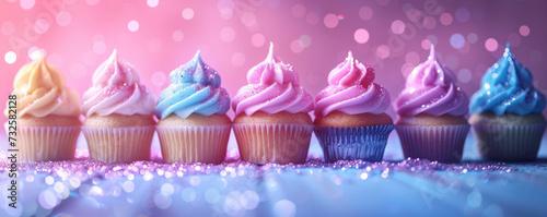 Rainbow Cupcake Array.
A row of colourful cupcakes with sparkly background.