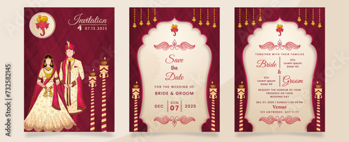 Wedding Invitation Template Layout With Indian Faceless Couple Image In Red and Beige Color. Set of 3 Pages.