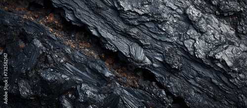 A detailed view of charcoal resting on a bedrock, with a wood pattern visible on the surface.
