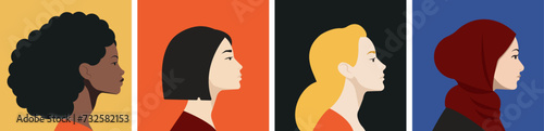 Diverse ethnicity row of women profile portraits. Unique nationality, hairstyle, and skin color. African, American, Arab, Asian, European woman. Beauty of diversity. Strength of womanhood.