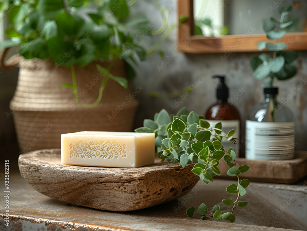 Natural soap bar on a wooden dish in a serene bathroom with plants.