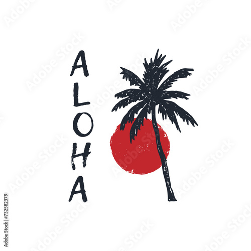 Aloha text with hand drawn palm tree and sunset grunge textured color.Logo concept for beach vacation, hawaiian theme, tshirt design, travel, etc. Palm tree and sunset drawing vector illustration art.