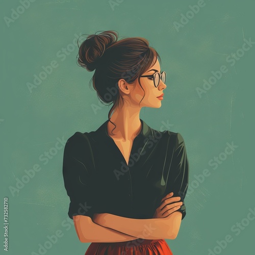 Portrait of a woman with a bob of curly hair and round glasses, confidence and intellectual charm. Office siren style. Concept: Illustrations of modern femininity and intelligence in various media 