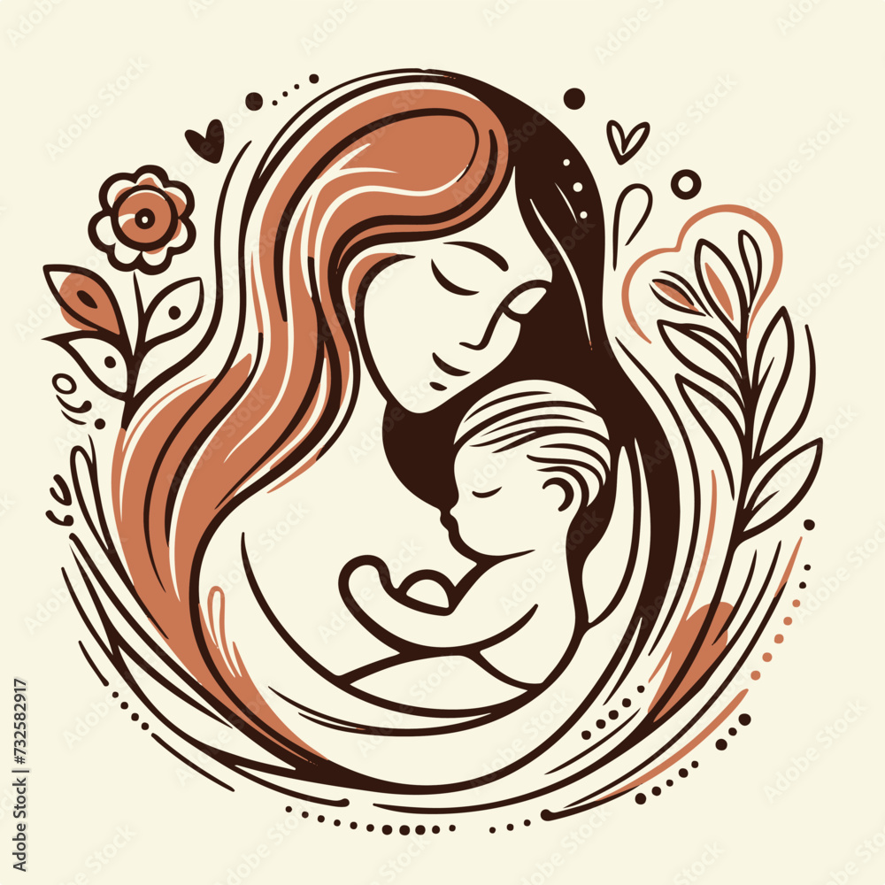 Mother silhouette with her baby. Card of Happy Mothers Day. Logo retro Mother silhouette with her baby. Card of Happy Mothers Day. Logo retro