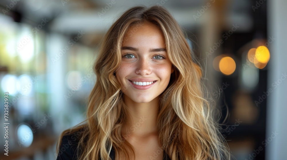 happy young woman smiling and looking at camera happy young woman smiling and looking at camera