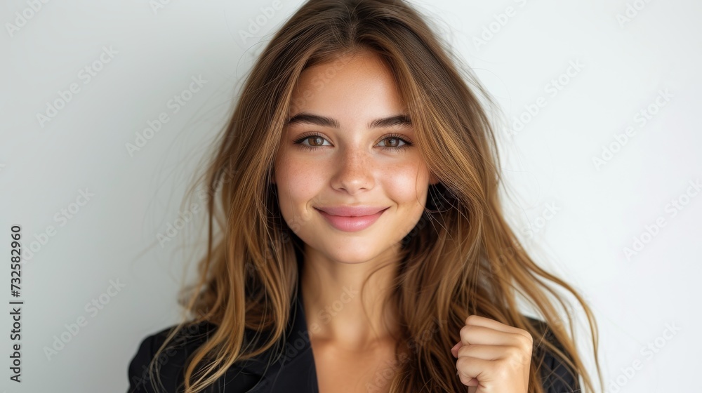 happy young woman smiling and looking at camera happy young woman smiling and looking at camera