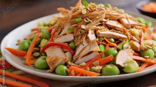 Asian-inspired salad filled with shredded cabbage, crunchy carrots, sliced bell peppers, edamame beans