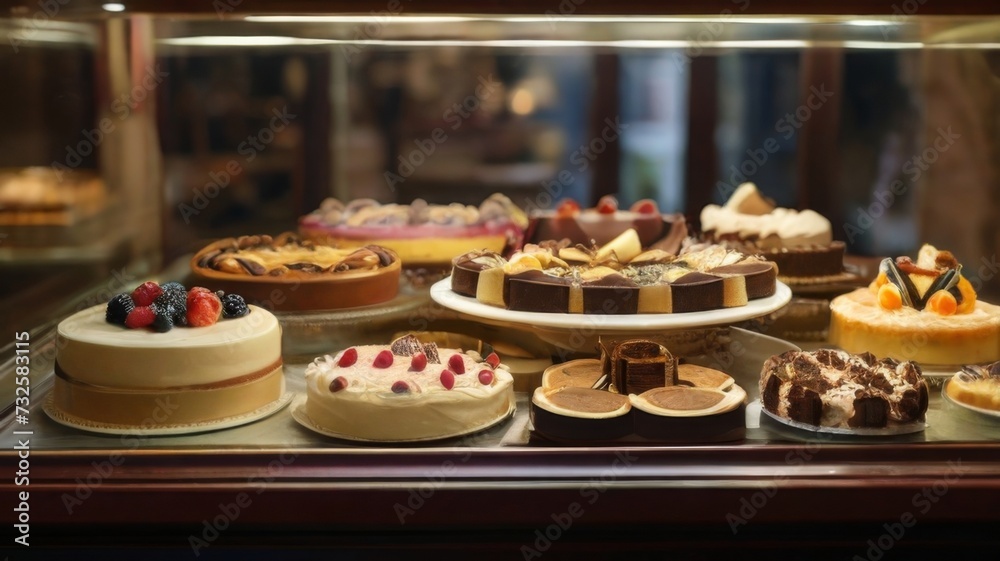 Pastry shop window filled with an enticing selection of cakes and pies