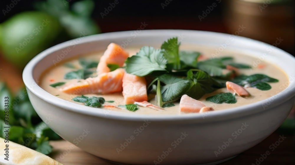 Flavorful bowl of Thai-inspired coconut salmon soup, infused with aromatic lemongrass Flavorful bowl of Thai-inspired coconut salmon soup, infused with aromatic lemongrass