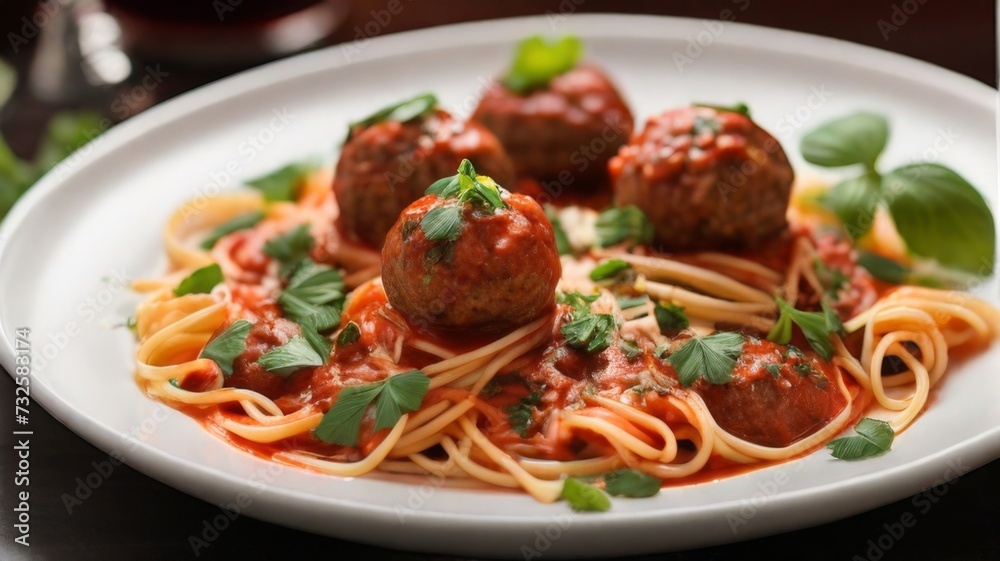 Gourmet presentation of spaghetti served on a sleek white plate Gourmet presentation of spaghetti served on a sleek white plate