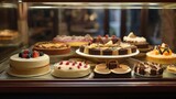 Pastry shop window filled with an enticing selection of cakes and pies