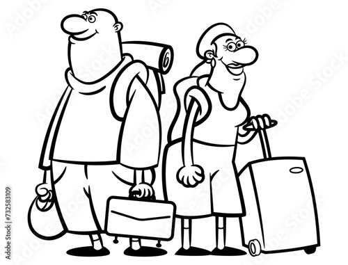 cartoon illustration of old couple carrying a bag and suitcase at airport terminal, get ready for travelling and vacation. Best for outline, logo, and coloring book with recreation themes