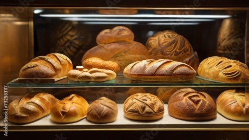 A bakery display filled with an array of freshly baked bread loaves