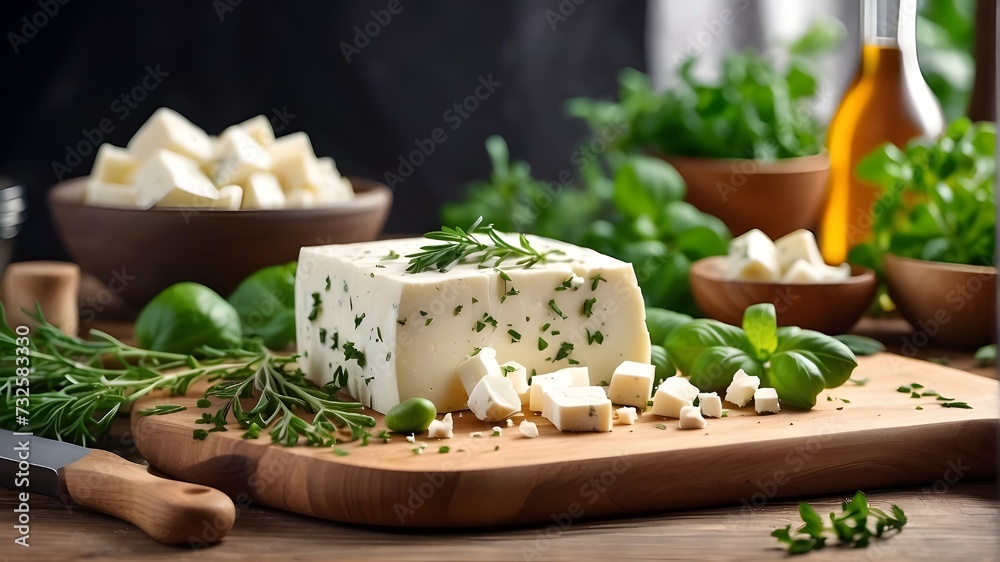 Cutting board on kitchen table with delicious feta cheese and herbs, Cutting Board with Delicious Feta Cheese and Fresh Herbs on Table, 