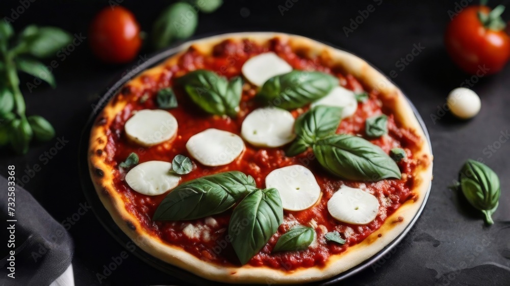 Mouthwatering top-down view of a classic Margherita pizza on a black background
