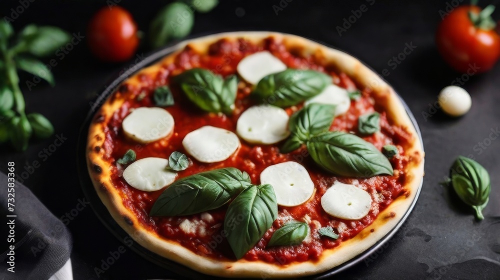 Mouthwatering top-down view of a classic Margherita pizza on a black background Mouthwatering top-down view of a classic Margherita pizza on a black background
