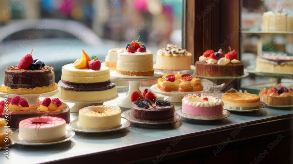 An assortment of cakes and pies arranged on elegant stands in a pastry sho