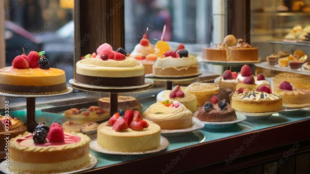 An assortment of cakes and pies arranged on elegant stands in a pastry sho